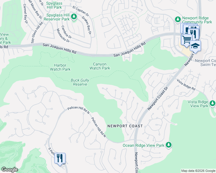 map of restaurants, bars, coffee shops, grocery stores, and more near 5 Via Burrone in Newport Beach