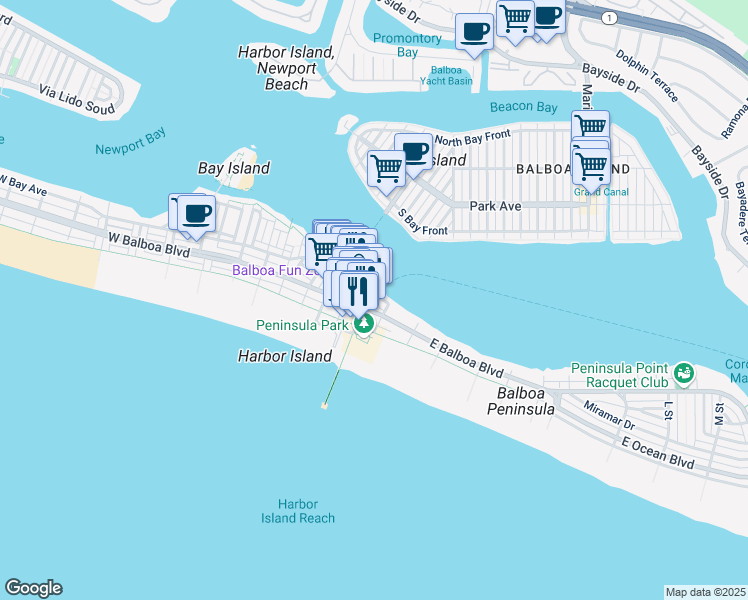 map of restaurants, bars, coffee shops, grocery stores, and more near 400 Main Street in Newport Beach