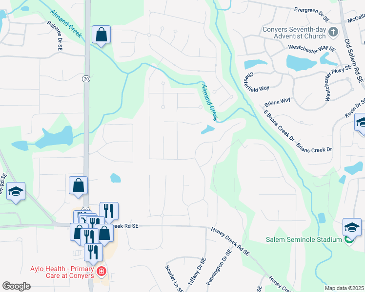 map of restaurants, bars, coffee shops, grocery stores, and more near 2405 Brisbane Drive in Conyers