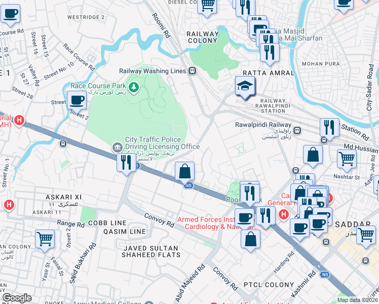 map of restaurants, bars, coffee shops, grocery stores, and more near Raja Akram Road in Rawalpindi
