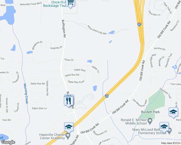 map of restaurants, bars, coffee shops, grocery stores, and more near 5681 Sable Way in Atlanta