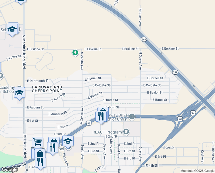 map of restaurants, bars, coffee shops, grocery stores, and more near 2634 East Cornell Street in Lubbock