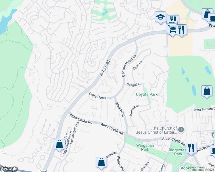 map of restaurants, bars, coffee shops, grocery stores, and more near 133 Nightingale Drive in Aliso Viejo