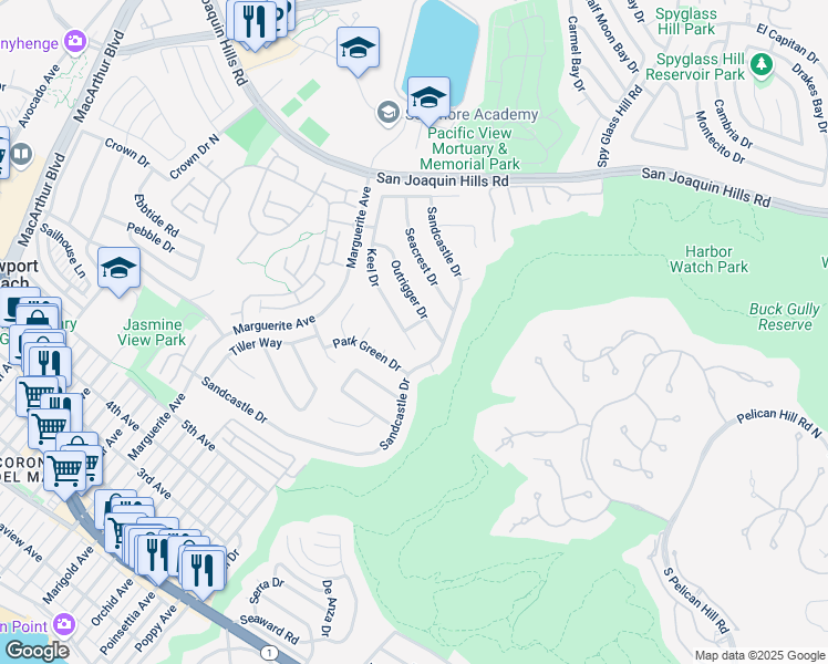 map of restaurants, bars, coffee shops, grocery stores, and more near 1218 Keel Drive in Newport Beach