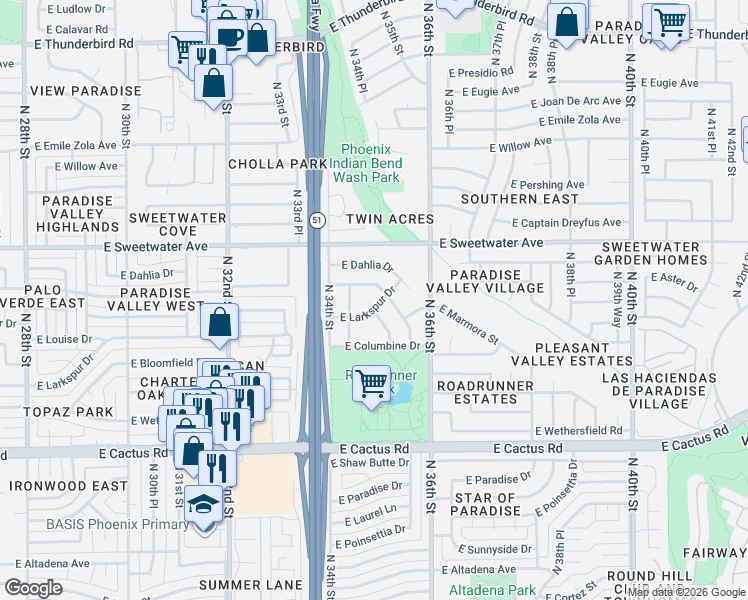 map of restaurants, bars, coffee shops, grocery stores, and more near 3460 East Windrose Drive in Phoenix