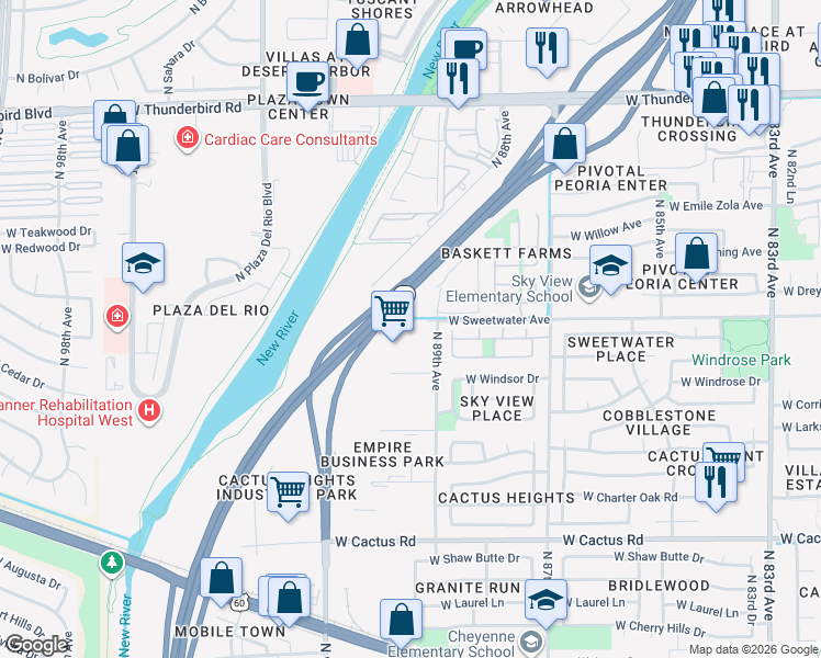 map of restaurants, bars, coffee shops, grocery stores, and more near Agua Fria Freeway in Peoria