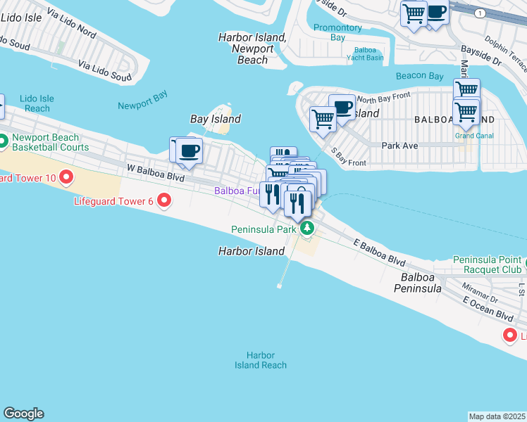 map of restaurants, bars, coffee shops, grocery stores, and more near 418 East Oceanfront in Newport Beach