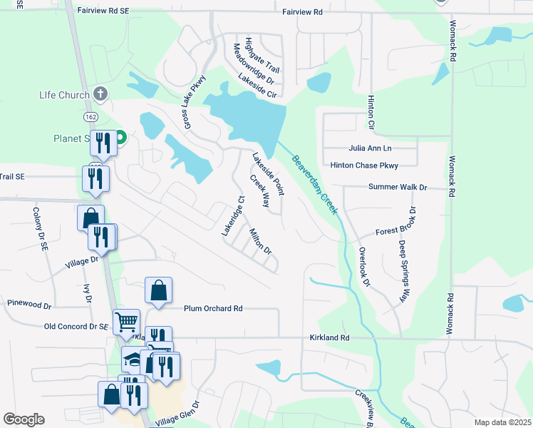 map of restaurants, bars, coffee shops, grocery stores, and more near 210 Creek Way in Covington