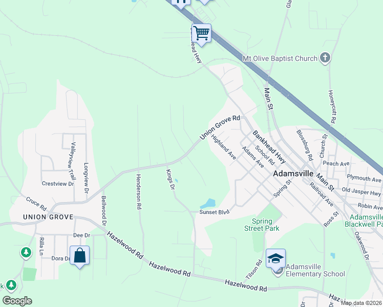 map of restaurants, bars, coffee shops, grocery stores, and more near 317 Union Grove Road in Adamsville