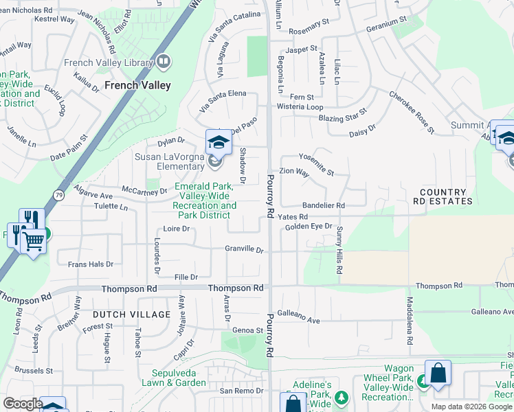 map of restaurants, bars, coffee shops, grocery stores, and more near 31969 Odyssey Drive in Winchester