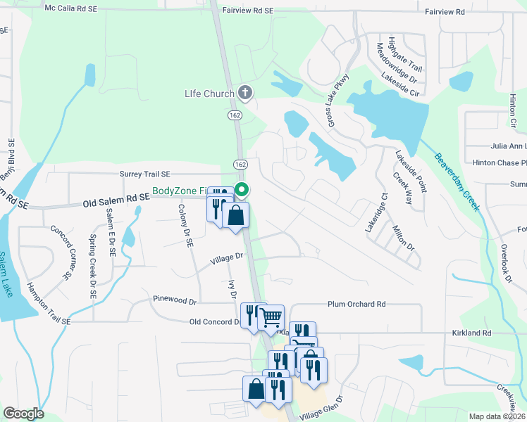 map of restaurants, bars, coffee shops, grocery stores, and more near 3211 Salem Cove Way Southeast in Conyers
