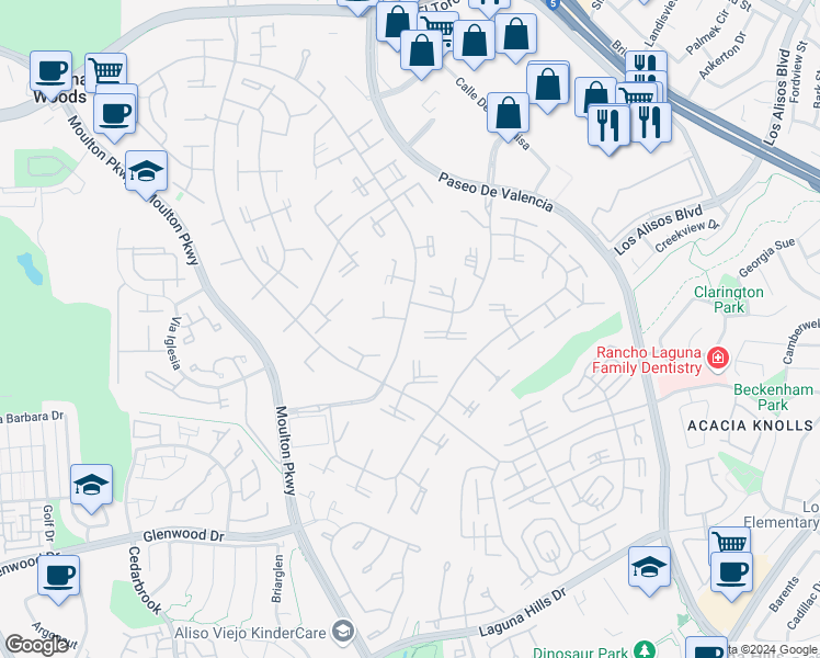 map of restaurants, bars, coffee shops, grocery stores, and more near 546 Via Estrada in Laguna Woods