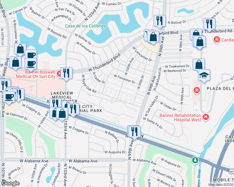 map of restaurants, bars, coffee shops, grocery stores, and more near 13049 North 100th Avenue in Sun City