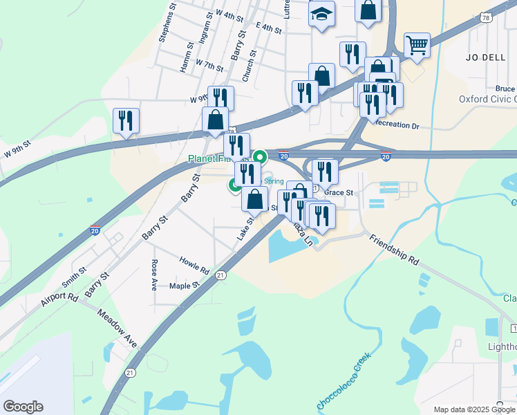 map of restaurants, bars, coffee shops, grocery stores, and more near 1000 Lake Street in Oxford