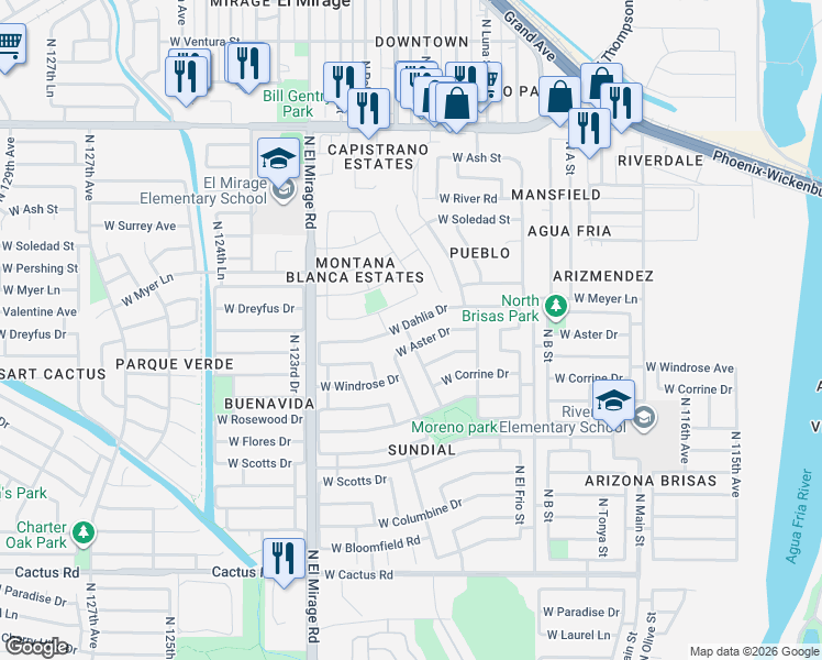 map of restaurants, bars, coffee shops, grocery stores, and more near 12101 West Dreyfus Drive in El Mirage