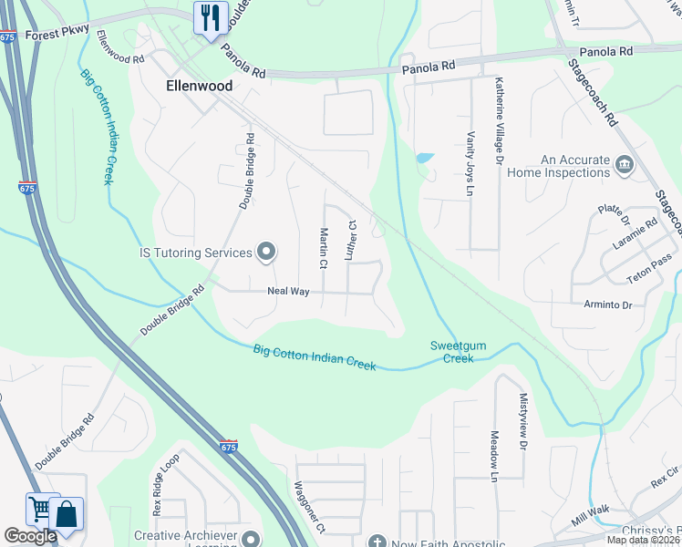 map of restaurants, bars, coffee shops, grocery stores, and more near 5561 Luther Court in Ellenwood