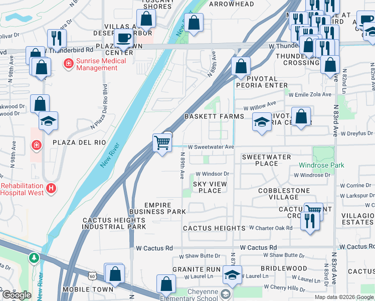 map of restaurants, bars, coffee shops, grocery stores, and more near in Peoria