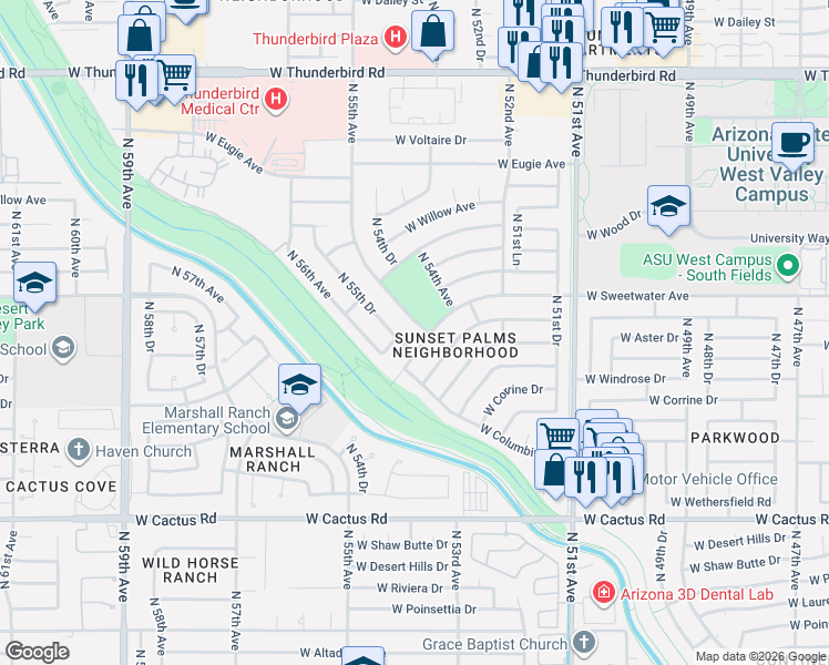 map of restaurants, bars, coffee shops, grocery stores, and more near 5402 West Sweetwater Avenue in Glendale
