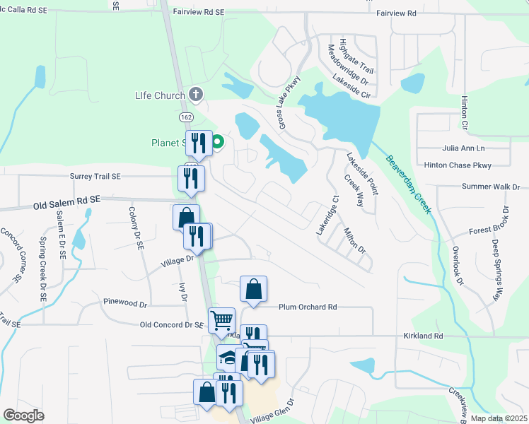 map of restaurants, bars, coffee shops, grocery stores, and more near 385 Barshay Drive in Covington