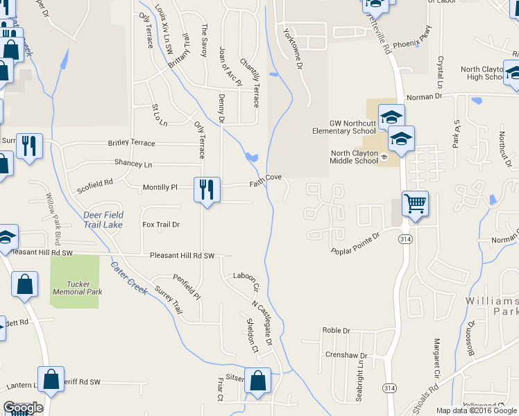 map of restaurants, bars, coffee shops, grocery stores, and more near 5519 Denny Drive in Atlanta