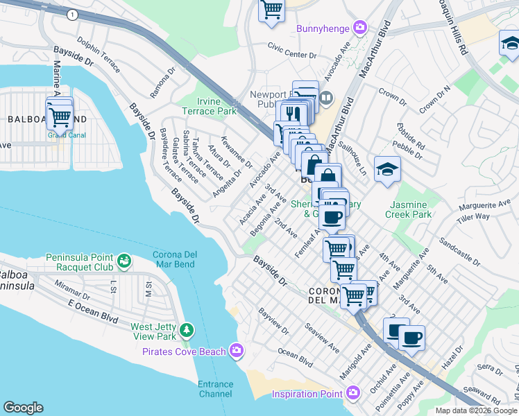 map of restaurants, bars, coffee shops, grocery stores, and more near 438 Acacia Avenue in Newport Beach