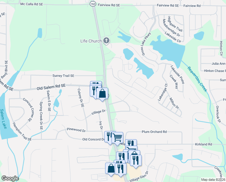 map of restaurants, bars, coffee shops, grocery stores, and more near 3212 Salem Cove Trail Southeast in Conyers