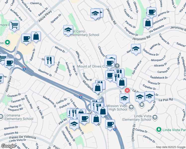 map of restaurants, bars, coffee shops, grocery stores, and more near 24771 Daphne East in Mission Viejo