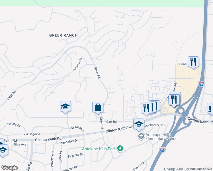 map of restaurants, bars, coffee shops, grocery stores, and more near 35740 Greer Road in Murrieta