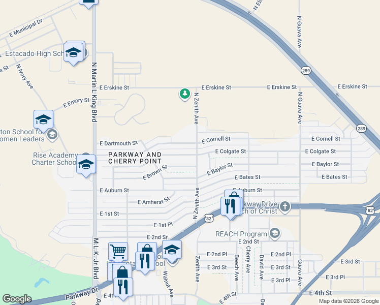map of restaurants, bars, coffee shops, grocery stores, and more near 1930 East Cornell Street in Lubbock