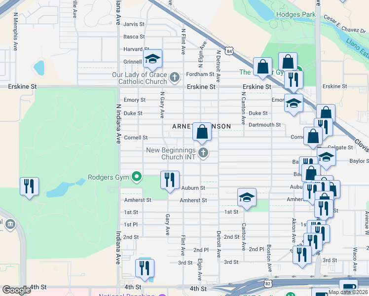 map of restaurants, bars, coffee shops, grocery stores, and more near 3009 Cornell Street in Lubbock
