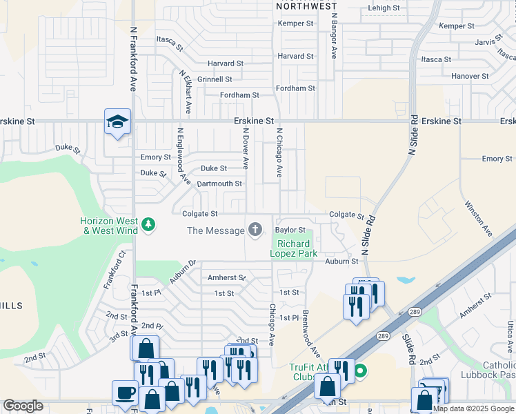 map of restaurants, bars, coffee shops, grocery stores, and more near 404 North Dover Avenue in Lubbock