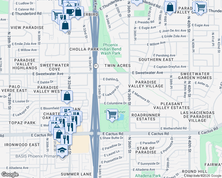 map of restaurants, bars, coffee shops, grocery stores, and more near 3460 East Windrose Drive in Phoenix