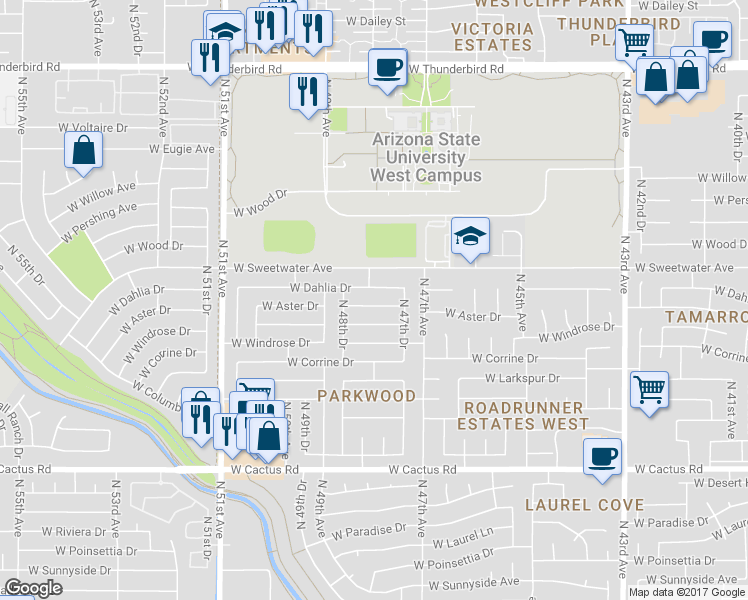 map of restaurants, bars, coffee shops, grocery stores, and more near 4802 West Dahlia Drive in Glendale
