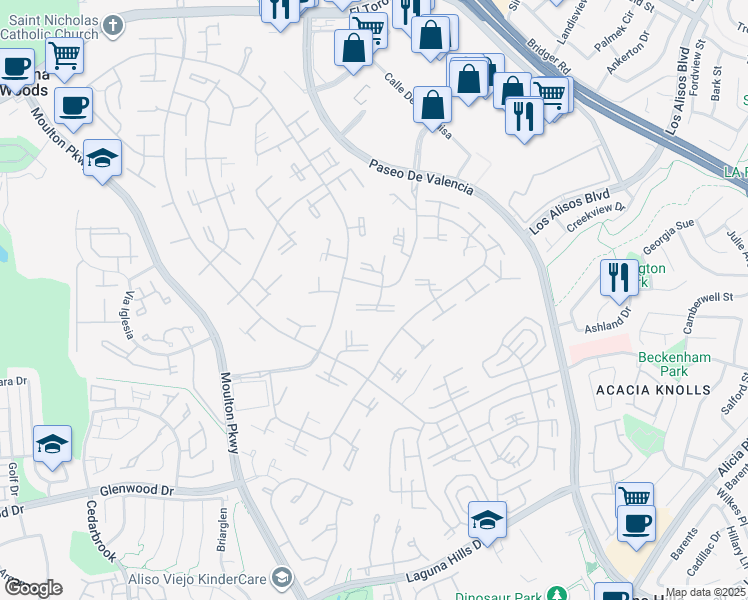 map of restaurants, bars, coffee shops, grocery stores, and more near 109 Via Estrada in Laguna Woods
