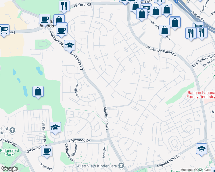 map of restaurants, bars, coffee shops, grocery stores, and more near 496 Calle Cadiz in Laguna Woods