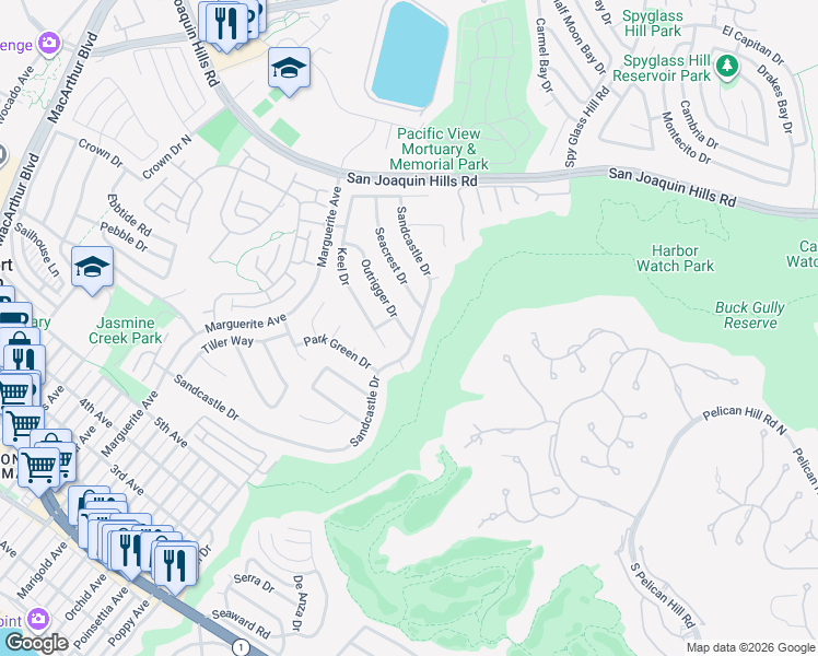 map of restaurants, bars, coffee shops, grocery stores, and more near 1201 Seacrest Drive in Newport Beach
