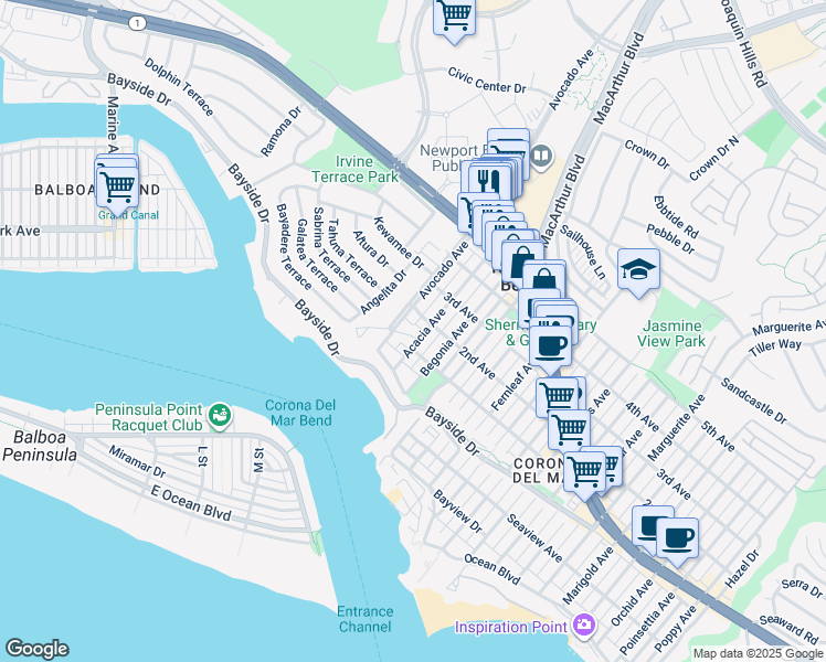map of restaurants, bars, coffee shops, grocery stores, and more near 505 Acacia Avenue in Newport Beach