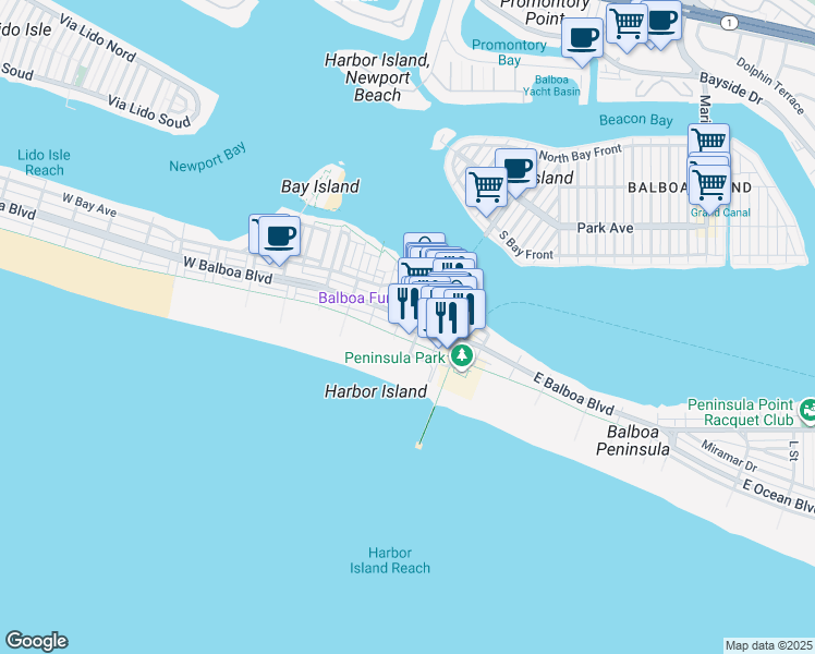 map of restaurants, bars, coffee shops, grocery stores, and more near 204 Adams Street in Newport Beach