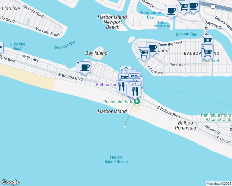 map of restaurants, bars, coffee shops, grocery stores, and more near 319 East Balboa Boulevard in Newport Beach