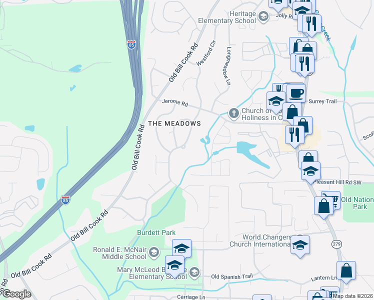 map of restaurants, bars, coffee shops, grocery stores, and more near 5675 Deerfield Trail in Atlanta