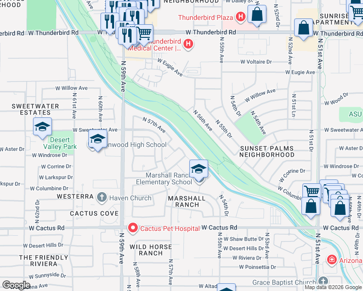 map of restaurants, bars, coffee shops, grocery stores, and more near 12527 North 57th Avenue in Glendale