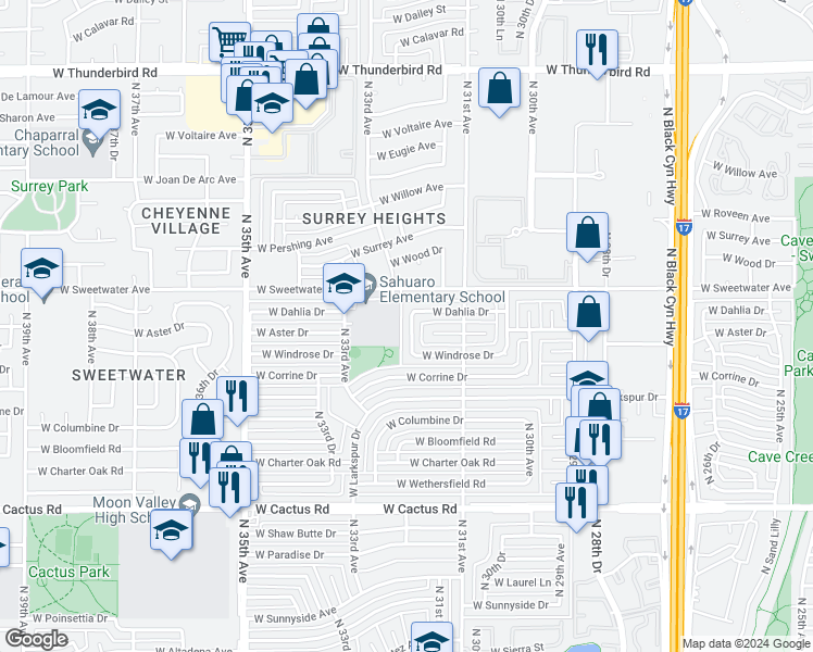 map of restaurants, bars, coffee shops, grocery stores, and more near 12808 North 32nd Avenue in Phoenix