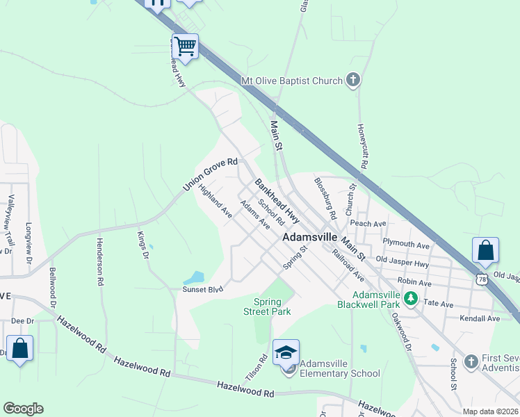 map of restaurants, bars, coffee shops, grocery stores, and more near 116 Ridge Street in Adamsville
