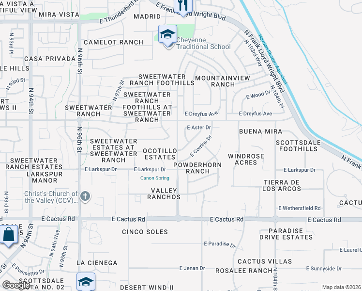 map of restaurants, bars, coffee shops, grocery stores, and more near 9891 East Windrose Drive in Scottsdale