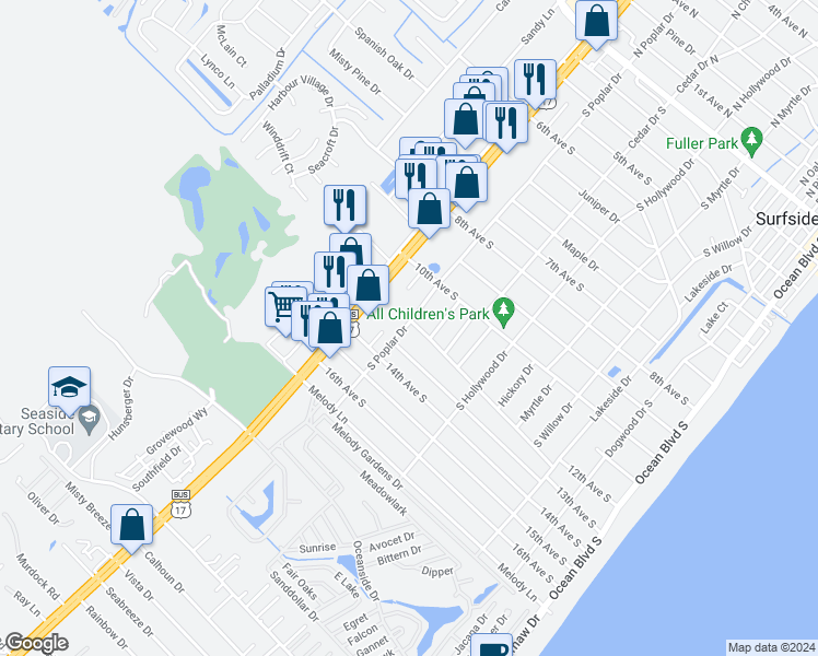map of restaurants, bars, coffee shops, grocery stores, and more near 1027 South Poplar Drive in Myrtle Beach