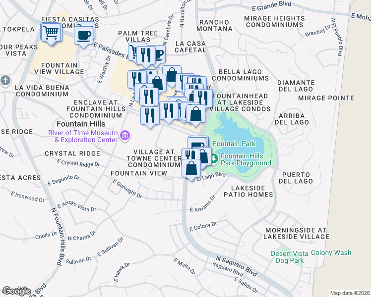 map of restaurants, bars, coffee shops, grocery stores, and more near 16820 Paul Nordin Parkway in Fountain Hills