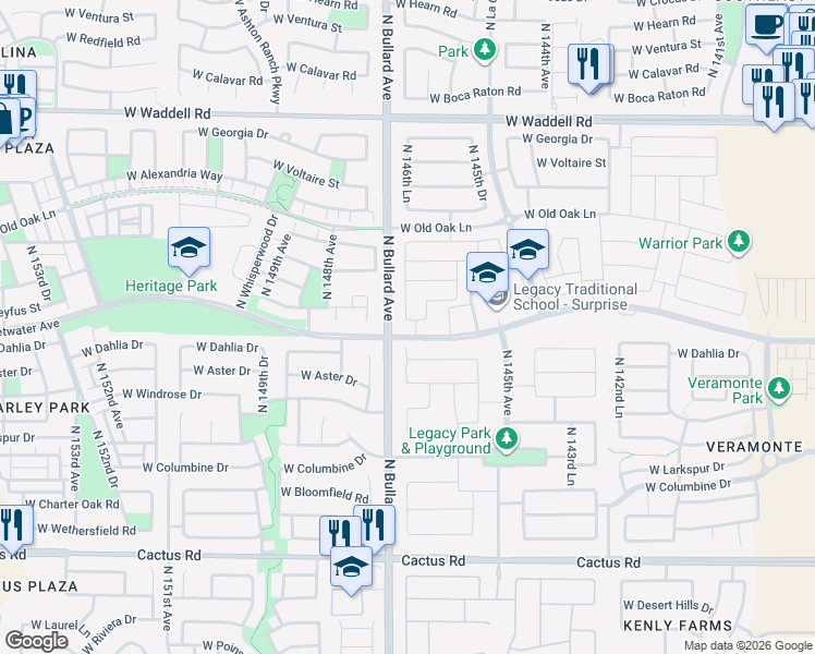 map of restaurants, bars, coffee shops, grocery stores, and more near 12993-13111 North Bullard Avenue in Surprise
