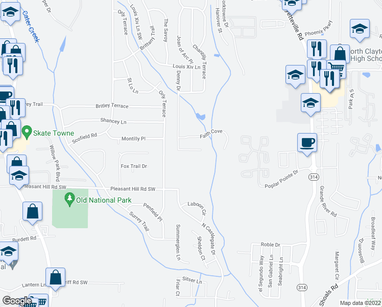map of restaurants, bars, coffee shops, grocery stores, and more near 5508 Denny Drive in Atlanta