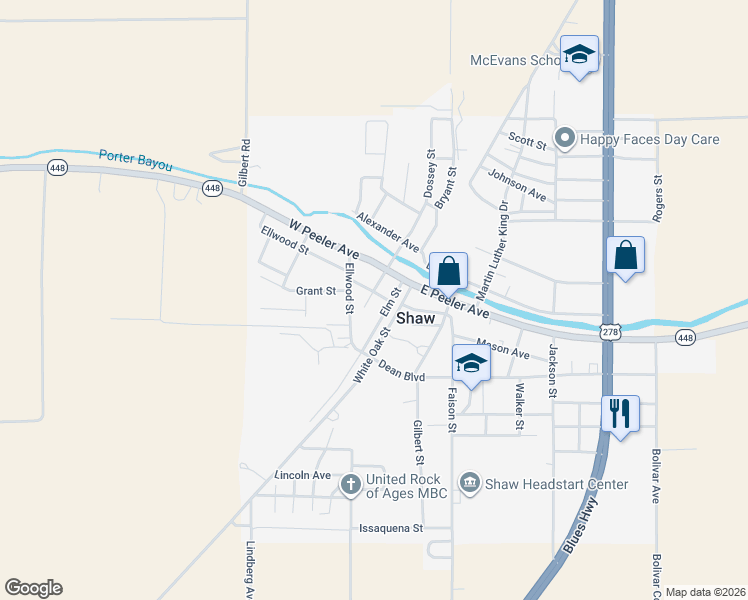 map of restaurants, bars, coffee shops, grocery stores, and more near 101-199 Cherry Street in Shaw
