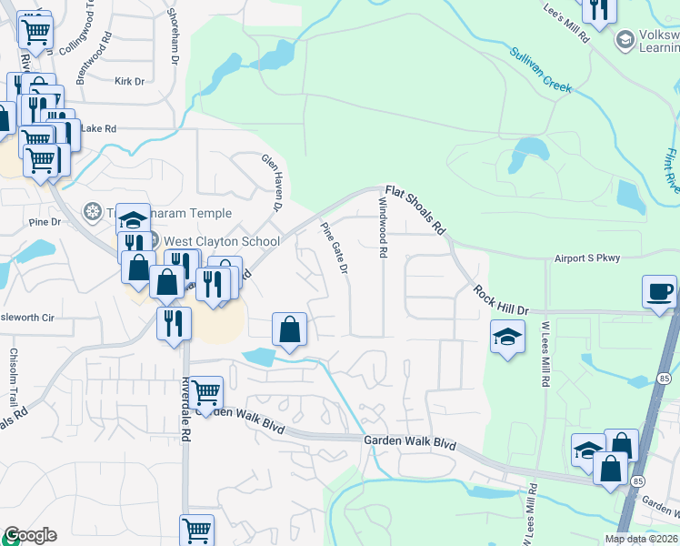map of restaurants, bars, coffee shops, grocery stores, and more near 5572 Pine Gate Drive in Atlanta